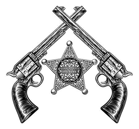 A sheriff star badge and pair of crossed revolver handgun pistols drawn in a vintage retro woodcut etched or engraved styleのイラスト素材