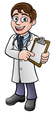A doctor cartoon character holding a clip board and pointing at itのイラスト素材