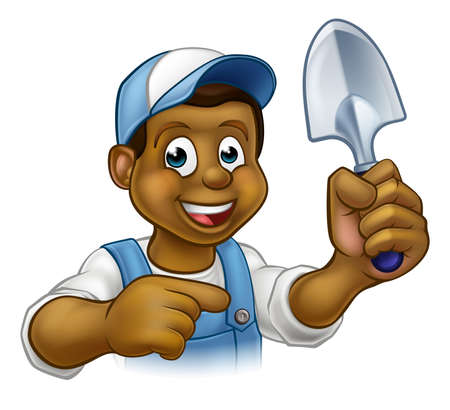 A cartoon black gardener holding a gardening tool and pointingのイラスト素材