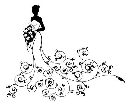 Wedding bride silhouette, in a white bridal dress gown holding a floral bouquet of flowers and an abstract floral patternのイラスト素材