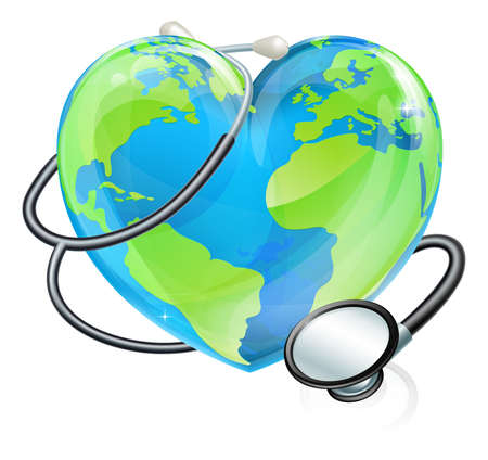 A heart earth world globe with a stethoscope wrapped around it.のイラスト素材