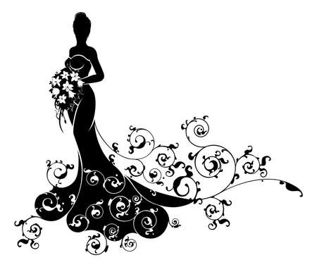 Bride in silhouette design, in a white bridal dress gown holding a floral wedding bouquet of flowers with an abstract pattern designのイラスト素材