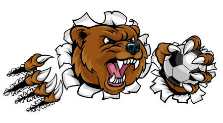 A bear angry animal sports mascot holding a soccer football ball and breaking through the background with its clawsのイラスト素材