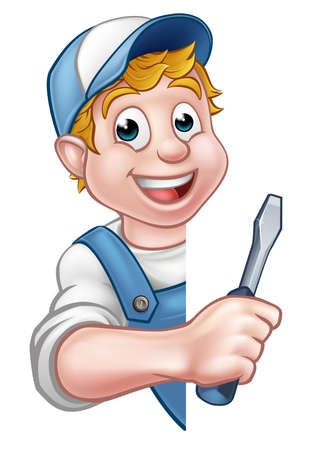 A cartoon electrician or handyman holding a screwdriverのイラスト素材