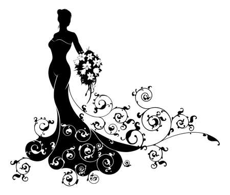 A bride in silhouette. The bride in a bridal dress gown flowing into an abstract floral pattern holding a floral wedding bouquet of flowersのイラスト素材