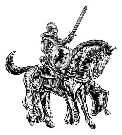 Medieval Knight Horse Vintage Woodblock Engravingの写真素材