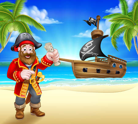 Pirate Cartoon Character on Beachのイラスト素材