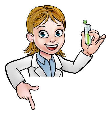 Cartoon Scientist Holding Test Tube Pointing Signのイラスト素材