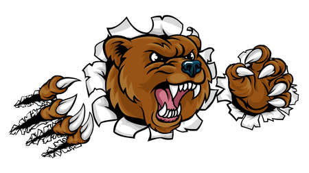 A Bear angry animal sports mascot breaking through the background with its clawsのイラスト素材