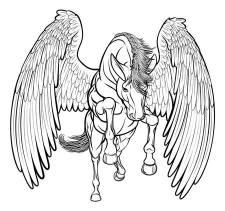 An illustration of a pegasus horse from Greek mythology rearing on its hind back legsのイラスト素材