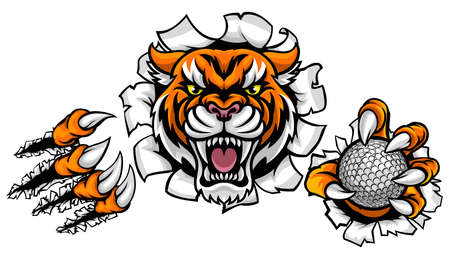 Tiger holding golf ball breaking background.のイラスト素材