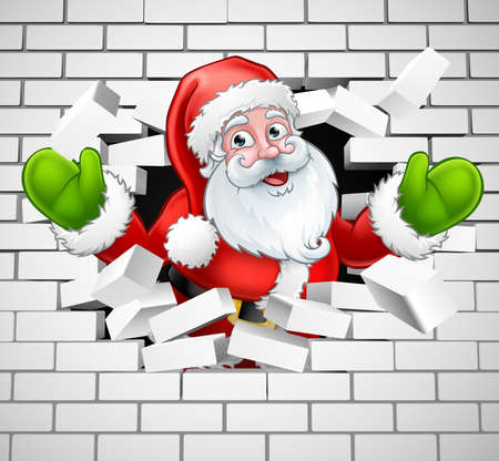 Santa Cartoon Breaking Through a Brick Wallのイラスト素材