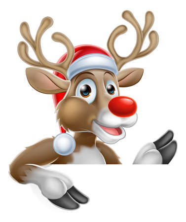 Reindeer in Santa Hat Pointing Down at Signのイラスト素材