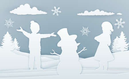 Children Building Snowman Paper Art Styleの写真素材