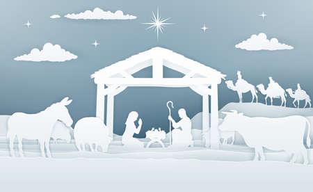 Nativity Christmas Scene Paper Art Styleのイラスト素材