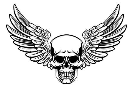 Winged Skull Vintage Engraved Woodcut Styleの写真素材