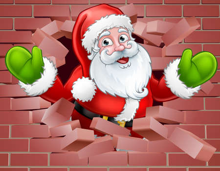 A Christmas illustration of Santa breaking through a wall background.のイラスト素材