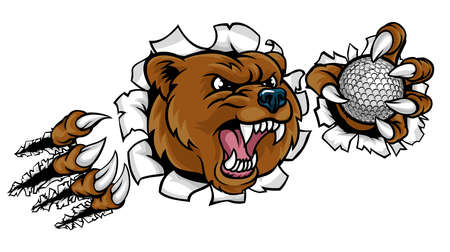 A bear angry animal sports mascot holding a golf ball and breaking through the background with its claws.のイラスト素材