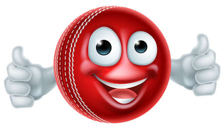 Cartoon cricket ball man mascot character doing a double thumbs upの写真素材