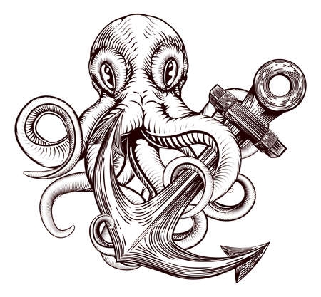 An original illustration of a tattoo of an octopus wrapped around a ships anchor in a vintage woodblock style
のイラスト素材