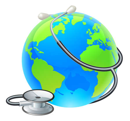 Conceptual illustration of an earth world globe with a stethoscope wrapped around it.のイラスト素材