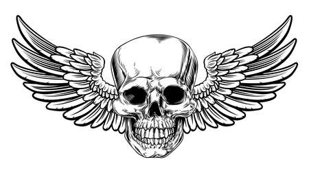 Winged Skull Vintage Woodcut Etched Styleのイラスト素材