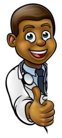 A cartoon doctor wearing lab white coat with stethoscope peeking around sign and giving a thumbs upのイラスト素材