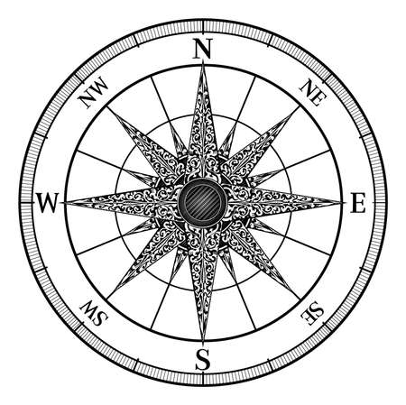 An original illustration of a map compass rose in a vintage retro woodcut styleのイラスト素材