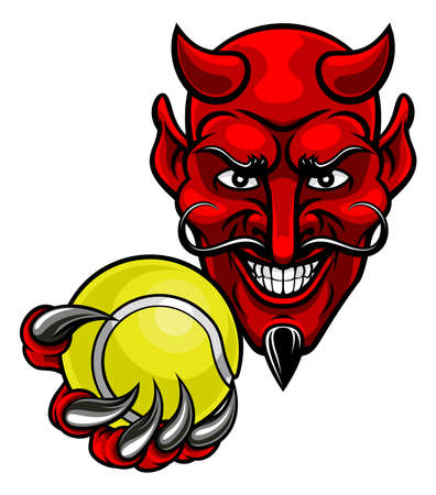A devil cartoon character sports mascot holding a tennis ballのイラスト素材