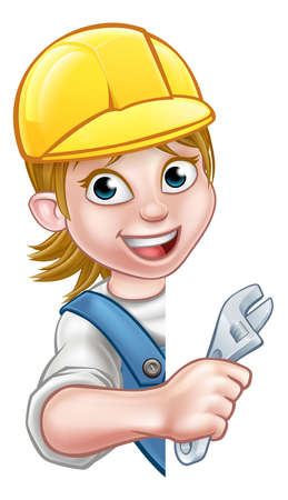 A plumber or builder woman contractor in hard hat holding a spanner hand tool and peeking around from behind a signの写真素材