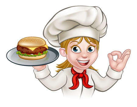 Chef Woman Cartoon Character Holding Burgerのイラスト素材