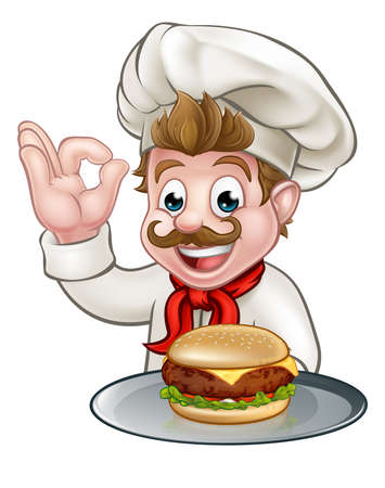A cartoon character chef holding a cheese burger on a plate and doing a perfect gestureのイラスト素材