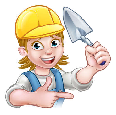 A cartoon woman builder or bricklayer construction worker holding a masons brick laying trowel hand tool, wearing a hard hat and pointingのイラスト素材