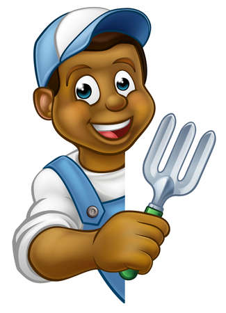 A gardener holding a garden fork hand tool peeking around from behind a sign.のイラスト素材