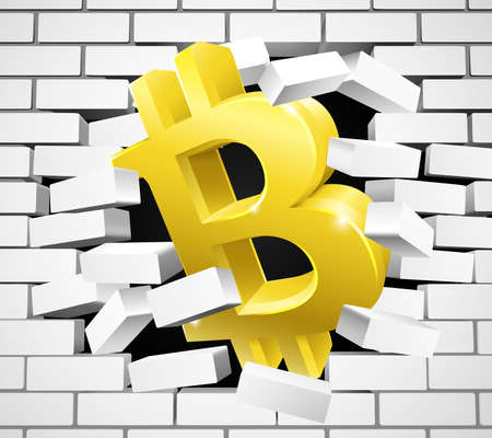 Bitcoin Sign Icon Breaking White Brick Wallのイラスト素材