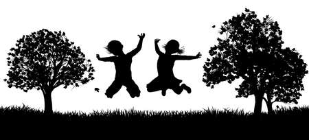 Happy Children in the Park Silhouetteの写真素材