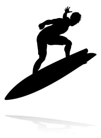 A high quality detailed silhouette of a surfer surfing the waves on his surfboardのイラスト素材