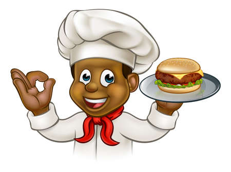 A chef holding a cheese burger on a plate cartoon character のイラスト素材
