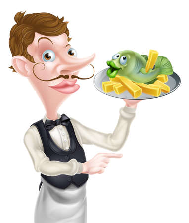 Cartoon Waiter Butler Holding Fish and Chipsの写真素材