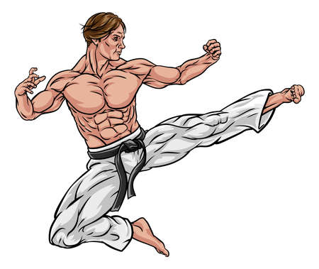 Karate or Kung Fu Flying Kickのイラスト素材