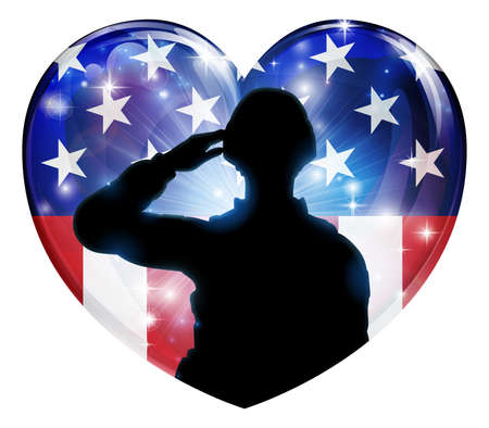 A patriotic soldier saluting in an American flag heart backgroundのイラスト素材