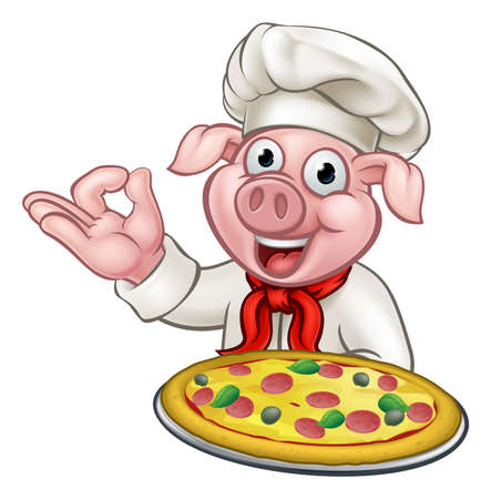 A pig chef cartoon character mascot holding a pizza and doing a perfect hand gestureのイラスト素材