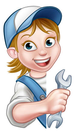 A woman plumber or mechanic contractor holding a spanner hand tool and peeking around from behind a signのイラスト素材