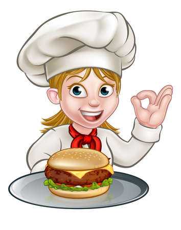 A woman cartoon character chef holding a cheese burger on a plate のイラスト素材
