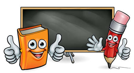 Book and Pencil Mascots and Blackboardのイラスト素材