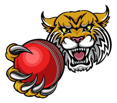 A wildcat angry animal sports mascot holding a cricket ballのイラスト素材