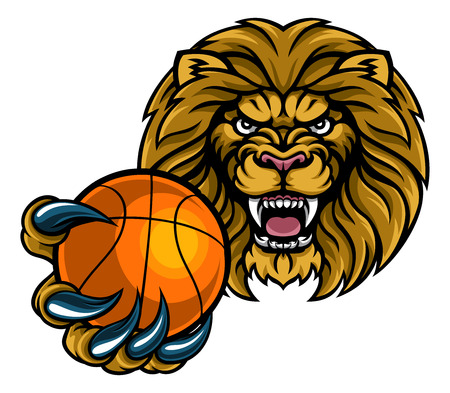 A lion angry animal sports mascot holding a basketball ballのイラスト素材