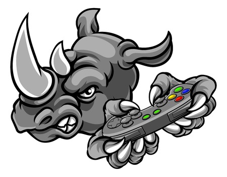 A rhino gamer animal sports mascot holding a games controllerのイラスト素材