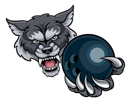 A wolf angry animal sports mascot holding a ten pin bowling ballのイラスト素材
