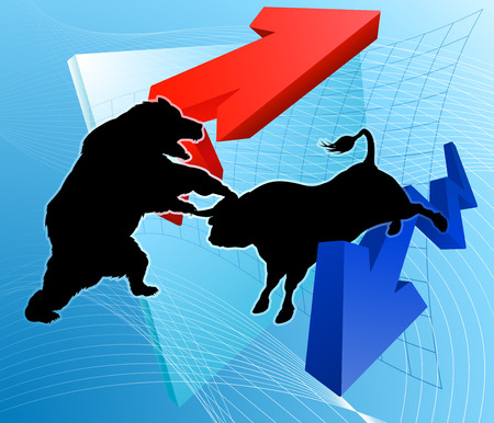 Financial concept of a silhouette bull versus a bear character in front of a stock market profit graphのイラスト素材